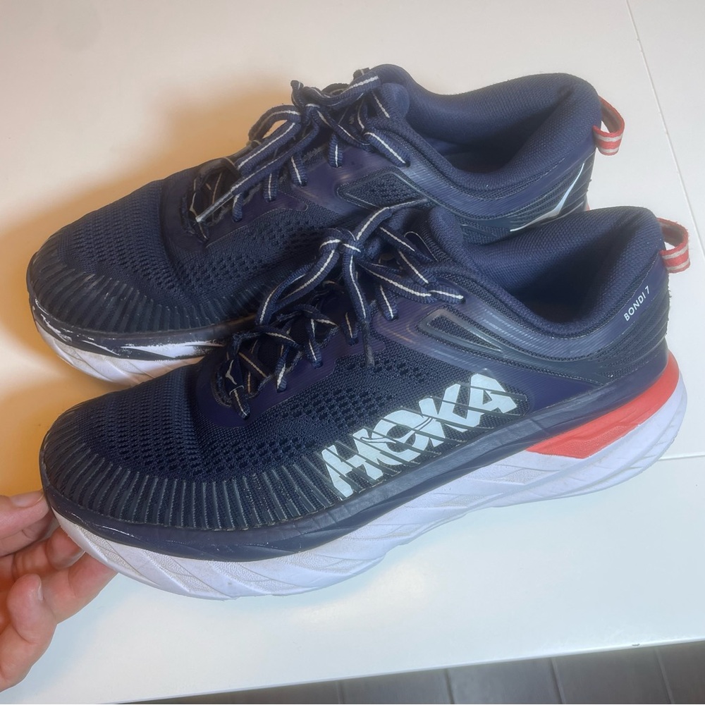 Hoka Navy Blue Athletic Running Shoes with White and Coral Accents